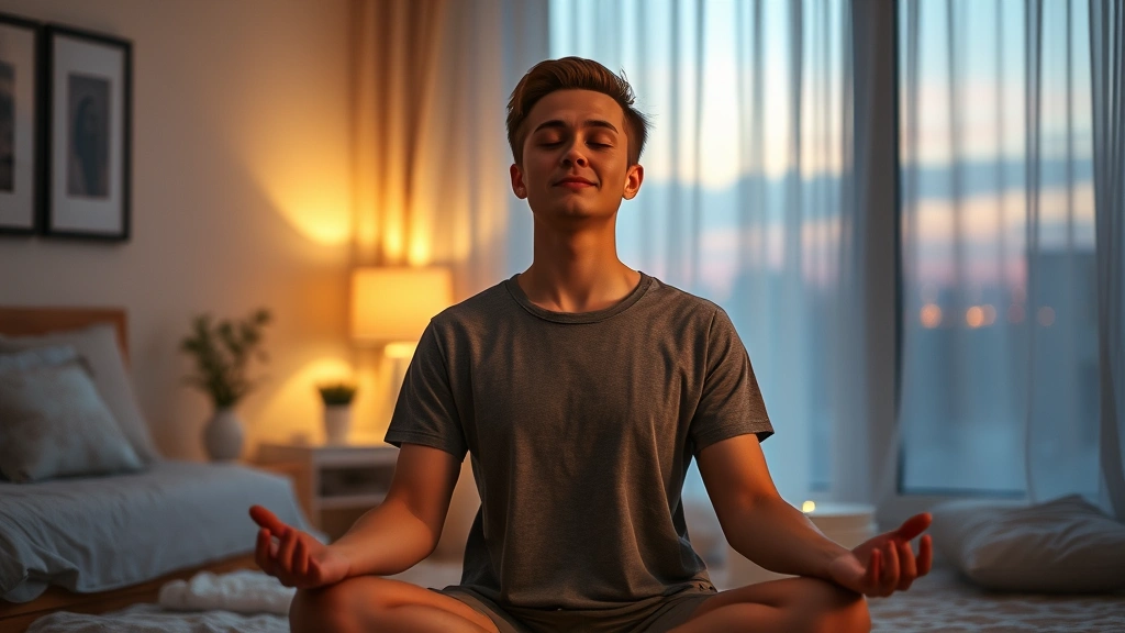 Person in peaceful meditation pose during twilight hour, soft warm lighting, serene bedroom environment, calm facial expression, mindful breathing practice, photorealistic, no text visible