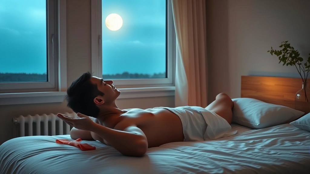 Person performing body scan meditation lying in comfortable bed, moonlight through window, relaxed posture, peaceful bedroom setting, warm ambient lighting, photorealistic, no visible text or screens
