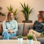 Two adults sitting on a comfortable couch in a modern therapy office, having a calm conversation with warm lighting and plants in background, professional setting
