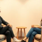 Two adults sitting on opposite sides of a modern therapy office couch, facing each other with gentle expressions, warm neutral lighting, comfortable contemporary furniture visible, suggesting emotional conversation and trust