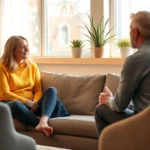 Two adults sitting on a comfortable couch in a modern therapy office with warm lighting, engaged in conversation with a compassionate therapist, sunlight streaming through windows, peaceful and safe environment