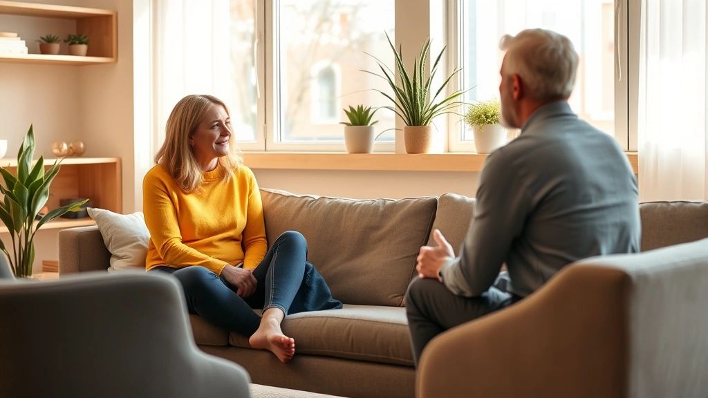 Two adults sitting on a comfortable couch in a modern therapy office with warm lighting, engaged in conversation with a compassionate therapist, sunlight streaming through windows, peaceful and safe environment
