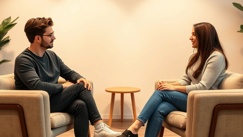 Two adults sitting on opposite sides of a modern therapy office couch, facing each other with gentle expressions, warm neutral lighting, comfortable contemporary furniture visible, suggesting emotional conversation and trust