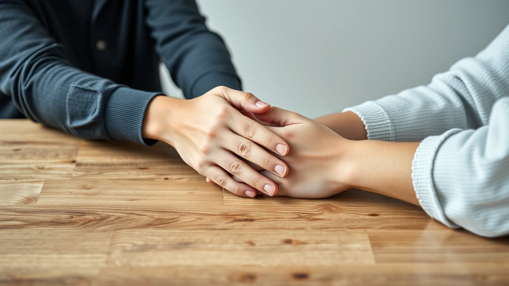 Close-up of two people holding hands across a wooden table during a therapeutic session, showing emotional connection and trust, neutral background
