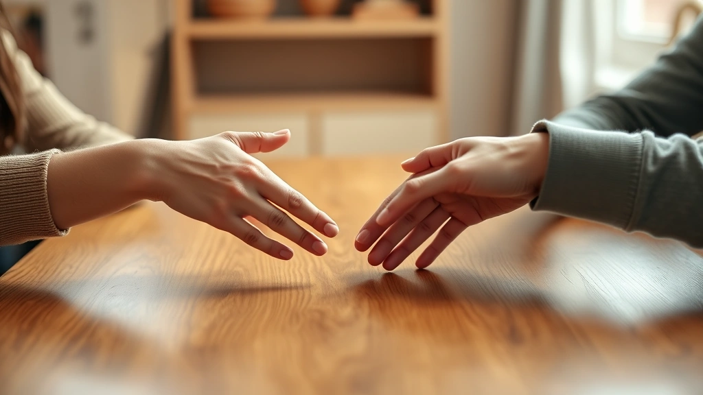 Close-up of hands reaching toward each other across a table in a warm, inviting therapy setting, symbolizing reconnection and emotional intimacy between partners