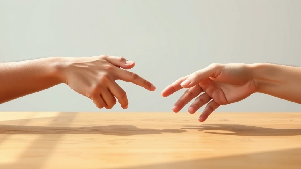 Close-up of two hands reaching toward each other across a wooden table in soft natural light, symbolizing reconciliation and connection without touching, minimalist background