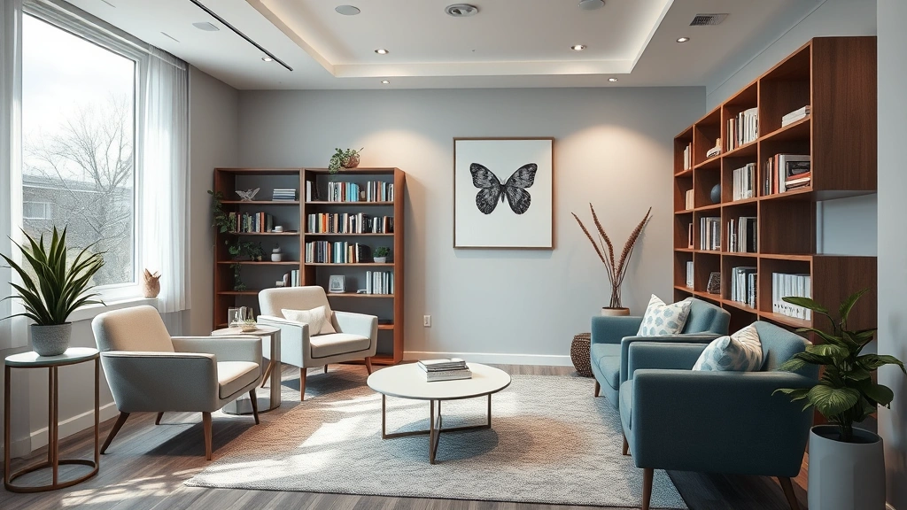 Modern therapy office interior with comfortable seating, soft lighting, bookshelves, and peaceful ambiance, no people visible, professional counseling space