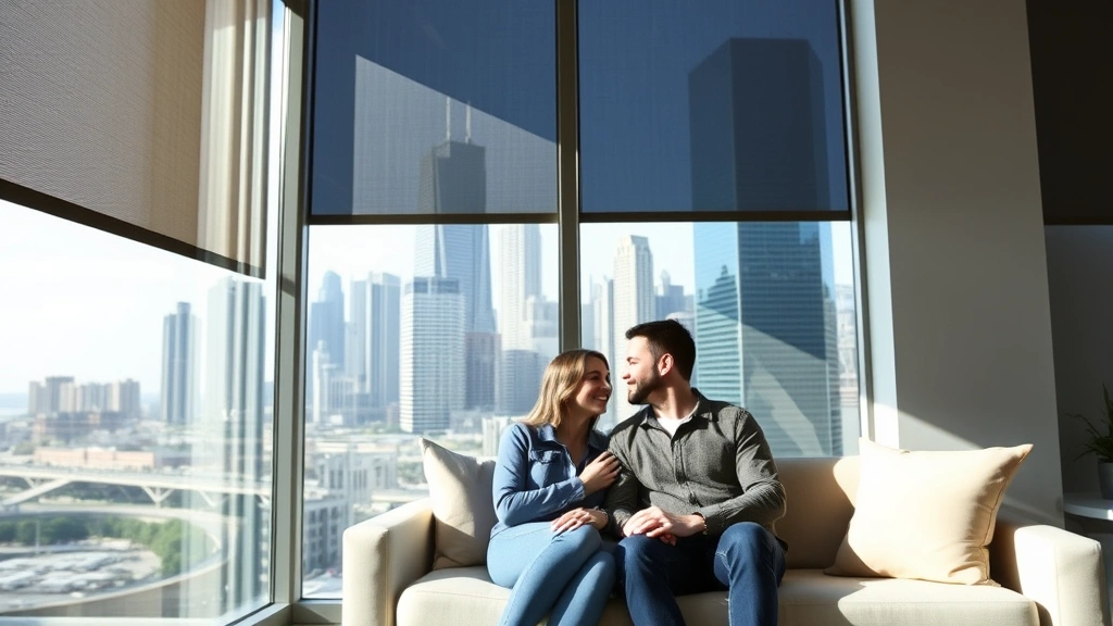Modern Chicago skyline visible through office windows with a couple sitting together on a couch looking more relaxed and connected than before, natural daylight, hopeful atmosphere
