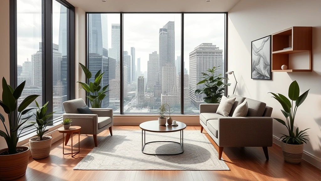 Professional therapist's office in Chicago with floor-to-ceiling windows showing city skyline, comfortable seating arrangement, neutral earth tones, plants, and soft lighting creating safe welcoming space