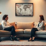 Professional therapist office with two people sitting on opposite ends of a modern couch during a couples counseling session, warm lighting, neutral earth-tone décor, therapeutic environment, both individuals appear engaged in conversation