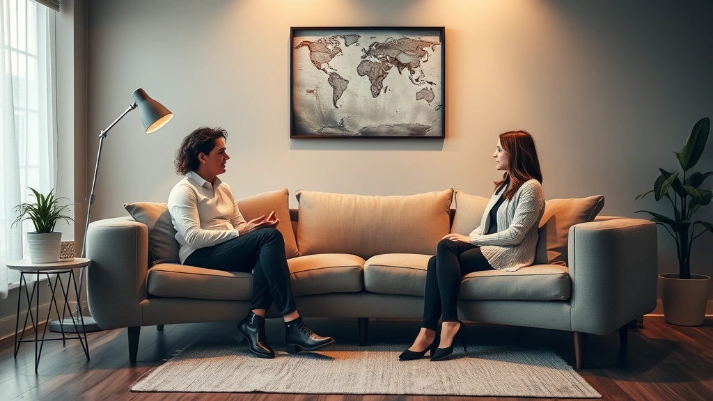 Professional therapist office with two people sitting on opposite ends of a modern couch during a couples counseling session, warm lighting, neutral earth-tone décor, therapeutic environment, both individuals appear engaged in conversation
