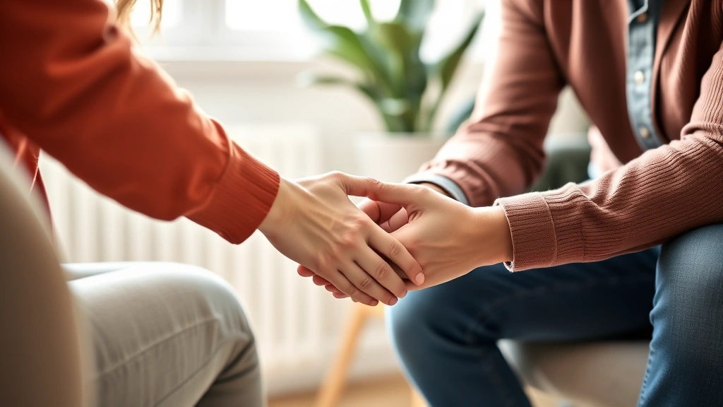 Close-up of a couple's hands holding each other while sitting in a therapy session, soft natural window light, professional office setting in background, symbolizing connection and healing during relationship counseling