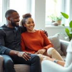 A diverse couple sitting together on a comfortable couch in a modern therapist's office, having a calm conversation with a warm, supportive atmosphere, soft natural lighting from windows, plants visible in background, both partners appearing relaxed and engaged with each other, professional yet intimate setting