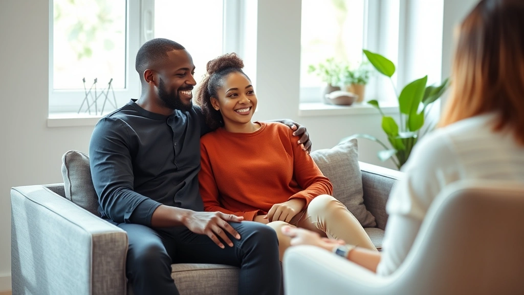 A diverse couple sitting together on a comfortable couch in a modern therapist's office, having a calm conversation with a warm, supportive atmosphere, soft natural lighting from windows, plants visible in background, both partners appearing relaxed and engaged with each other, professional yet intimate setting