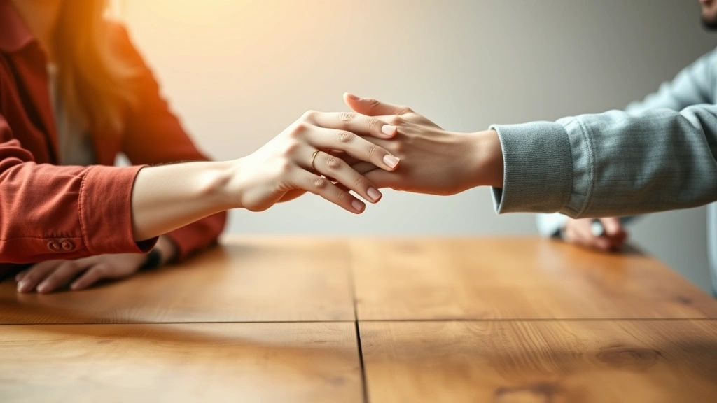 Close-up of two people's hands coming together in a gesture of support and unity, sitting across from each other at a wooden table, warm afternoon light, suggesting reconciliation and partnership, neutral blurred background, emphasizing connection and trust between partners