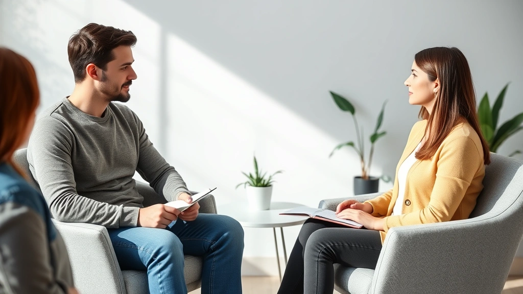 A male and female partner sitting in comfortable chairs facing each other in a therapy office, both looking thoughtful and present, with a therapist's notebook and plant visible, natural light, modern minimalist decor, capturing the essence of open dialogue and mutual understanding
