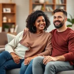 Diverse couple sitting together on comfortable couch in modern therapy office, warm lighting, both looking engaged and hopeful, professional calm environment, no text