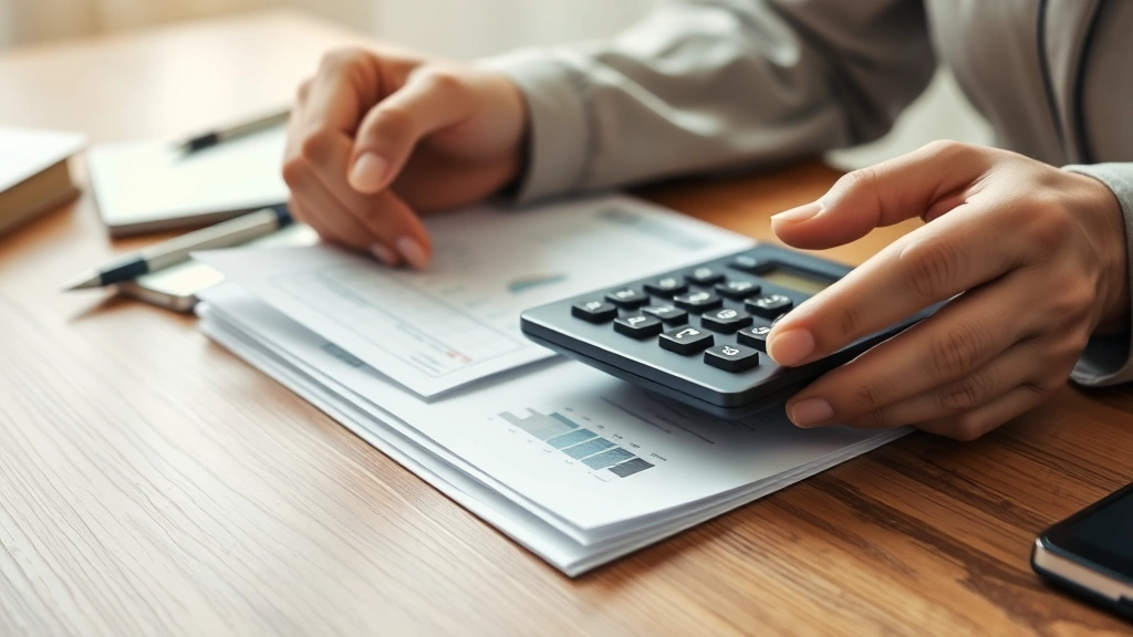 Close-up of hands holding financial documents and calculator on wooden desk, soft natural lighting, suggesting budgeting and cost planning, no visible text or numbers