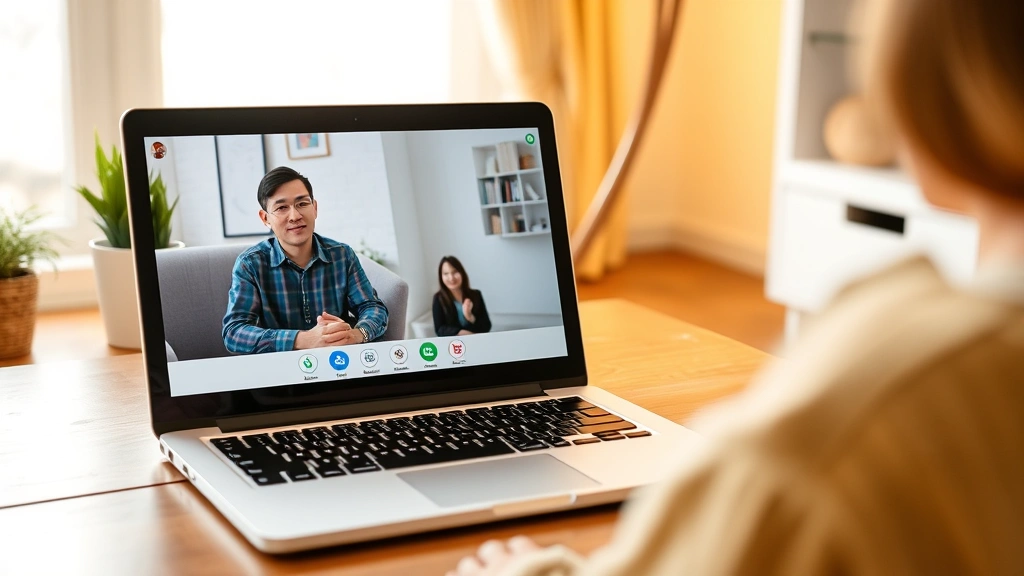 Laptop screen showing video call interface with two people in separate locations, representing virtual telehealth therapy session, warm home setting, no screen content visible