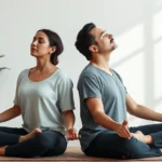 Two people sitting face-to-face in meditation pose, eyes closed, serene peaceful expressions, soft natural lighting, minimalist zen setting with plants, professional photography