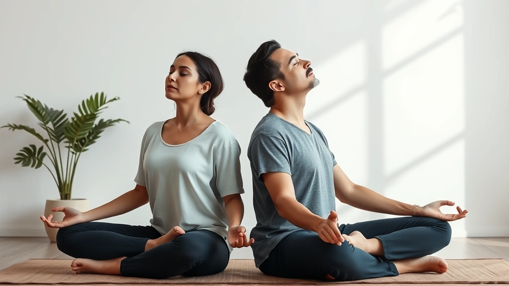 Two people sitting face-to-face in meditation pose, eyes closed, serene peaceful expressions, soft natural lighting, minimalist zen setting with plants, professional photography