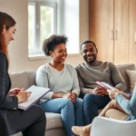 A diverse couple sitting on a modern couch during a therapy session with a female therapist taking notes, warm neutral tones, natural lighting through windows, calm professional office environment, realistic photography