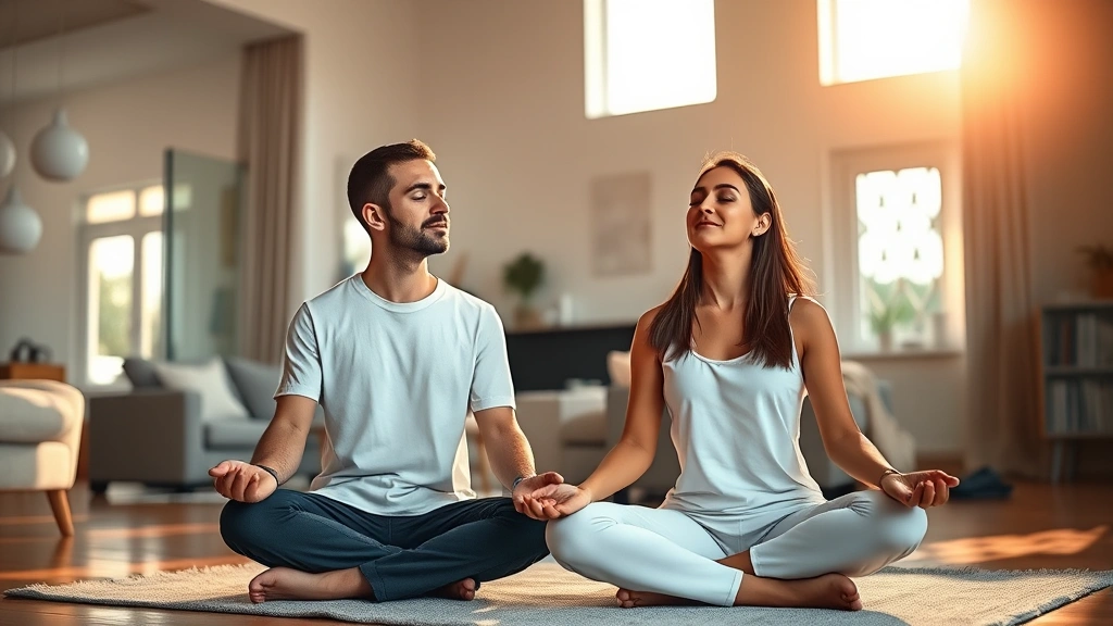 Couple meditating together in peaceful living room, sitting facing each other with eyes closed, warm natural light streaming through windows, serene expression on both faces, modern minimalist home interior