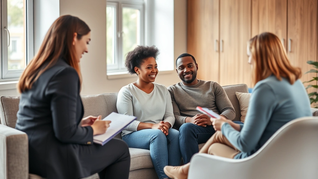 A diverse couple sitting on a modern couch during a therapy session with a female therapist taking notes, warm neutral tones, natural lighting through windows, calm professional office environment, realistic photography