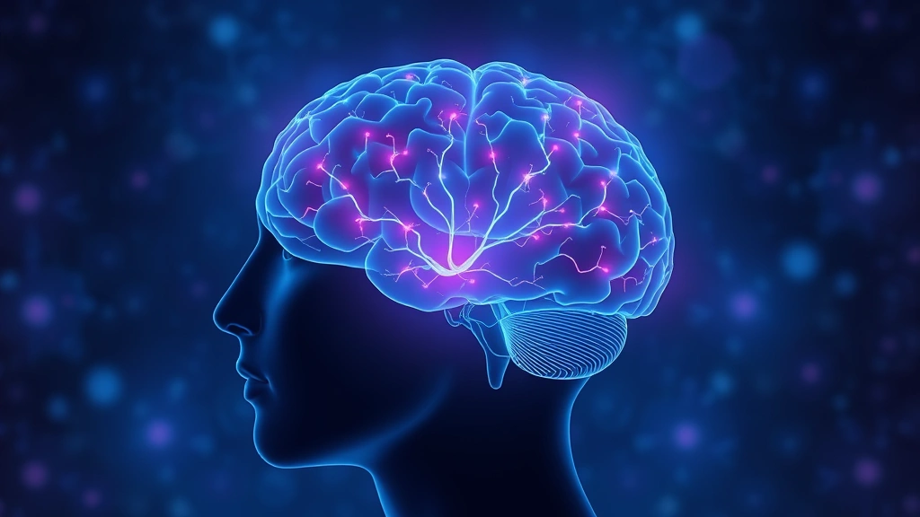 Brain visualization showing neural pathways lighting up during mindfulness meditation, scientific illustration style, calm blues and purples, neuroscience concept art, prefrontal cortex highlighted