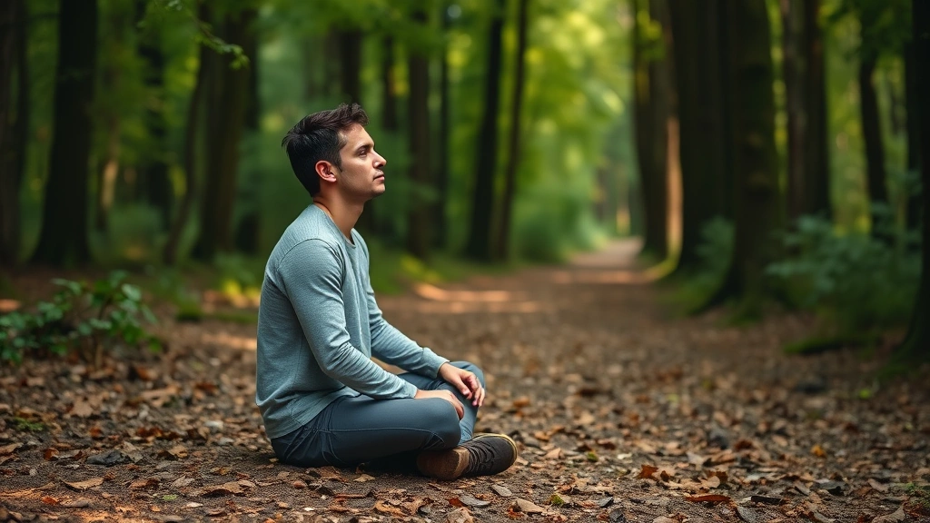 Individual sitting outdoors on natural ground during mindful walk through forest or park, showing grounded presence and connection with nature, peaceful expression, photorealistic