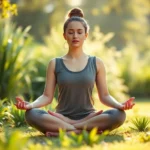 Person sitting in peaceful lotus position meditating outdoors in natural sunlight with serene expression, surrounded by soft green plants and calm natural environment, photorealistic, peaceful atmosphere