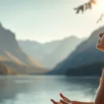 Person meditating in serene natural environment with mountains and calm water, eyes closed in peaceful concentration, warm sunlight filtering through trees, photorealistic