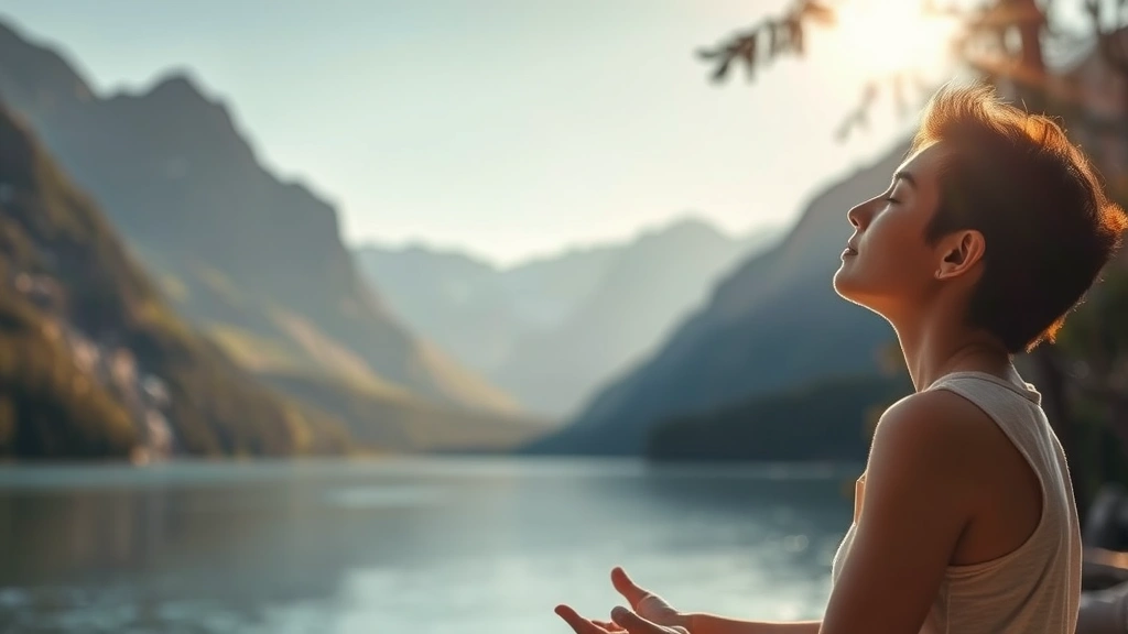 Person meditating in serene natural environment with mountains and calm water, eyes closed in peaceful concentration, warm sunlight filtering through trees, photorealistic