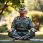 A serene veteran in military uniform sitting cross-legged in meditation pose in a peaceful garden setting with soft natural lighting, eyes closed in calm concentration, professional photorealistic photography