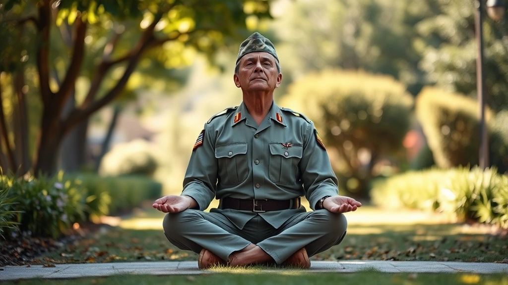 A serene veteran in military uniform sitting cross-legged in meditation pose in a peaceful garden setting with soft natural lighting, eyes closed in calm concentration, professional photorealistic photography