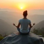 Person in peaceful meditation posture sitting on natural stone overlooking misty mountains at sunrise, soft golden light, serene facial expression, minimalist zen garden composition