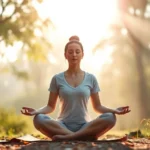 Person meditating in lotus position in serene natural setting with soft morning light filtering through trees, peaceful facial expression, mindful posture, photorealistic calm atmosphere