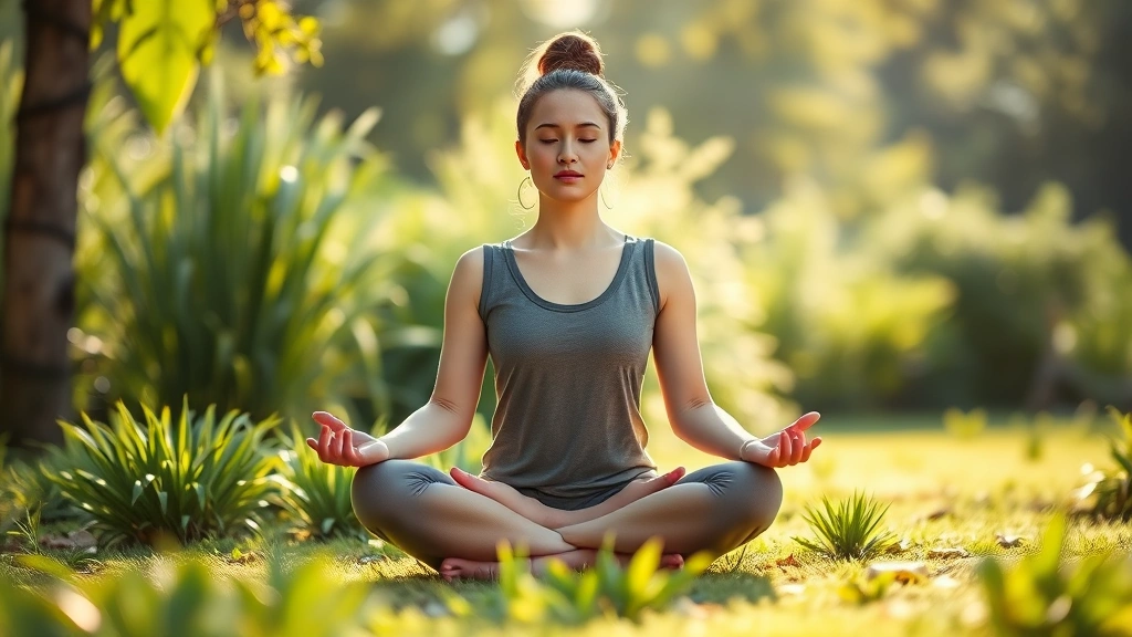 Person sitting in peaceful lotus position meditating outdoors in natural sunlight with serene expression, surrounded by soft green plants and calm natural environment, photorealistic, peaceful atmosphere