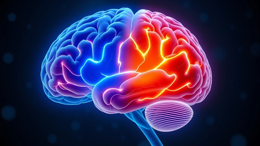 A detailed anatomical visualization showing the human brain with highlighted regions including the prefrontal cortex glowing blue and amygdala in warm orange, representing PTSD neural pathways and mindfulness-induced neuroplastic changes, professional medical illustration style