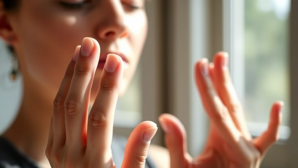 Detailed close-up of hands performing alternate nostril breathing technique, peaceful face slightly out of focus, natural window light, therapeutic wellness setting