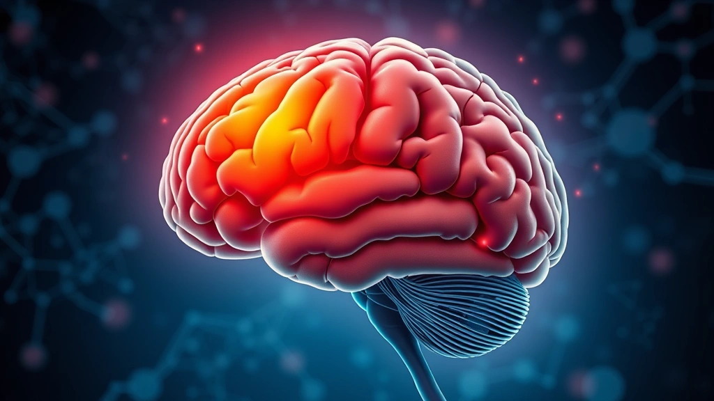 Brain illustration with highlighted prefrontal cortex and amygdala regions showing neural connections, representing mindfulness neurobiological mechanisms, scientific visualization style