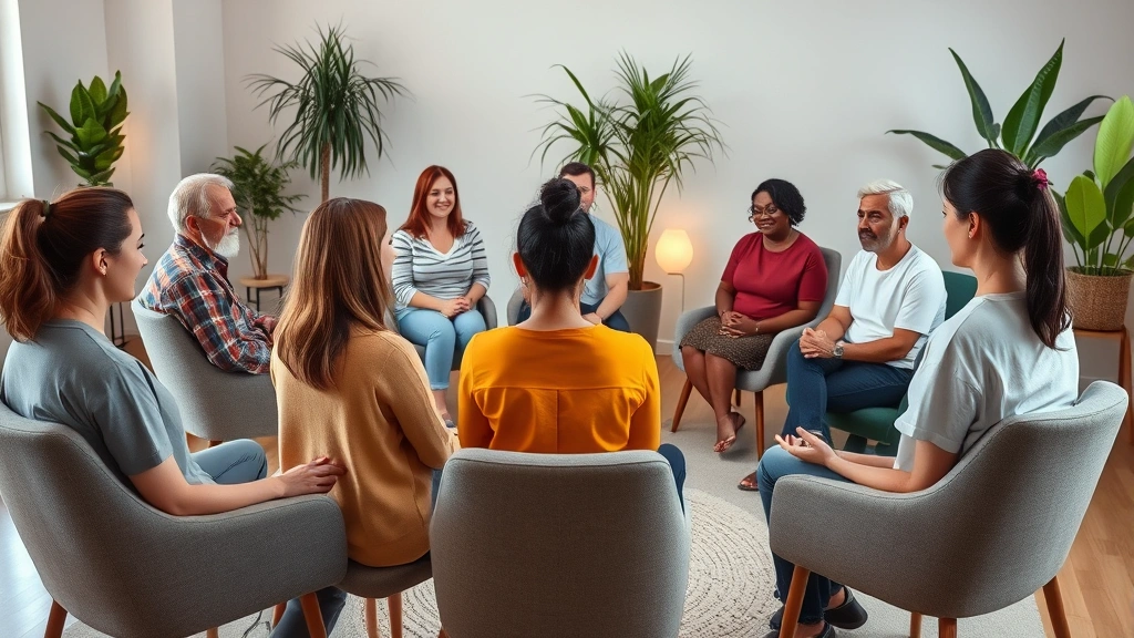 A diverse group of people in a trauma-informed therapy circle sitting in comfortable chairs during a mindfulness-based stress reduction session, therapist guiding meditation, calm supportive environment with soft lighting and plants, representing clinical PTSD treatment integration