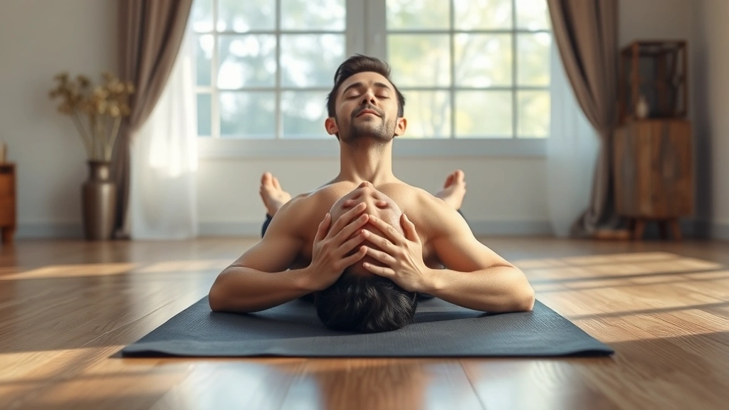 Individual performing body scan meditation lying down on yoga mat in peaceful room, soft natural lighting, calm facial expression, mindful awareness pose, photorealistic