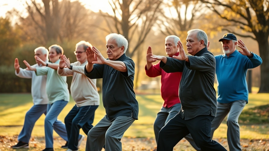 A diverse group of veterans practicing tai chi together outdoors in a park, moving in synchronized slow motion with focused expressions, morning light creating peaceful atmosphere, photorealistic group wellness