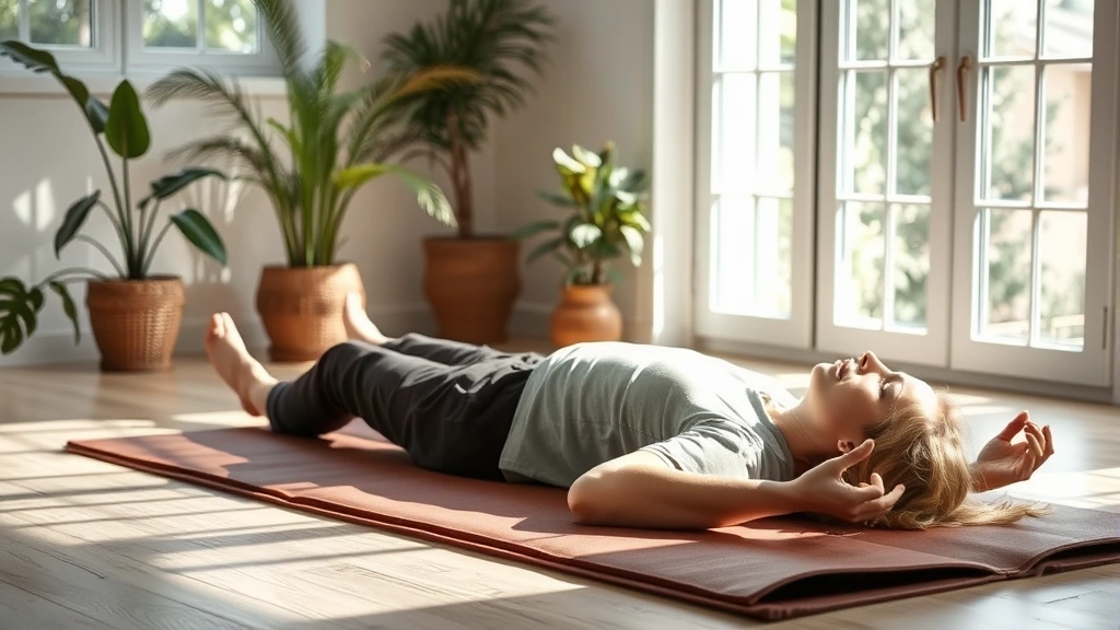 Person lying down performing body scan meditation on comfortable mat in bright airy room, natural soft lighting, gentle relaxed posture, plants and peaceful environment visible