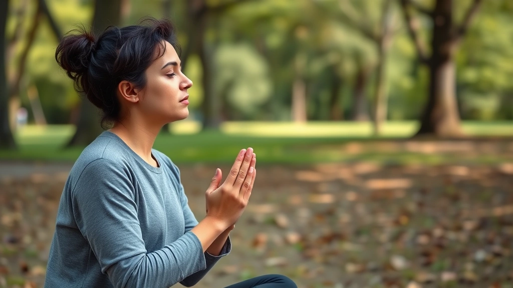 Individual practicing mindful breathing outdoors in park setting, hands resting on knees, focused expression, natural lighting, demonstrating present-moment awareness practice
