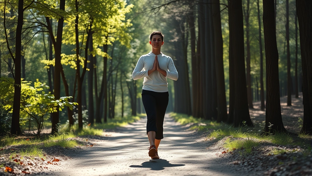Individual practicing walking meditation on peaceful forest path with dappled sunlight filtering through trees, calm and grounded posture, natural serene setting, photorealistic wellness imagery