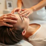 Professional hands-on healing session showing practitioner's gentle touch on client's head during cranial work, serene clinical environment with soft lighting, client relaxed on massage table wearing light clothing