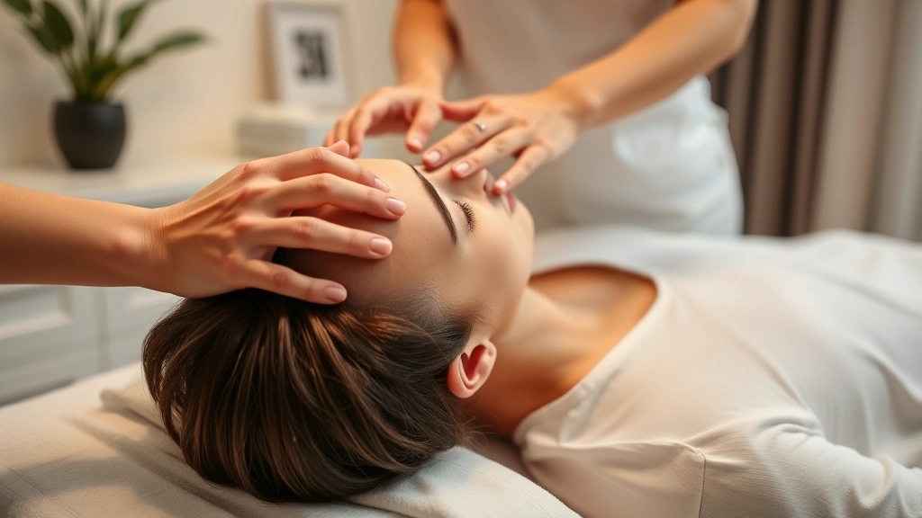 Professional hands-on healing session showing practitioner's gentle touch on client's head during cranial work, serene clinical environment with soft lighting, client relaxed on massage table wearing light clothing