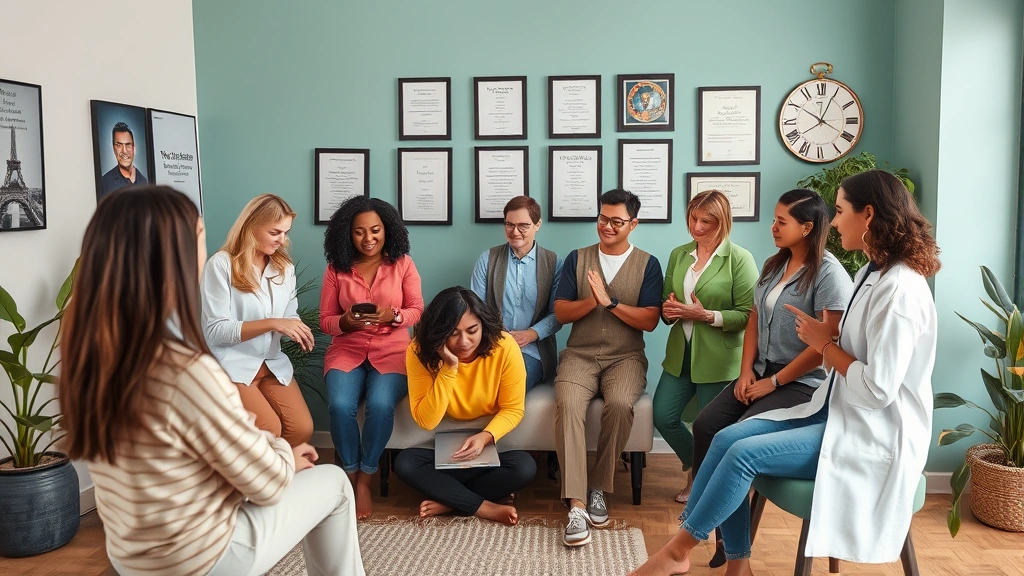 Diverse group of therapy practitioners in clinical setting demonstrating various treatment techniques, showing professional credentials on wall, modern therapeutic office with calming colors and natural elements